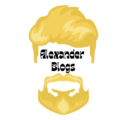 A logo design of a blonde man with a goatee and the words Alexander Blogs written where the eyes would be