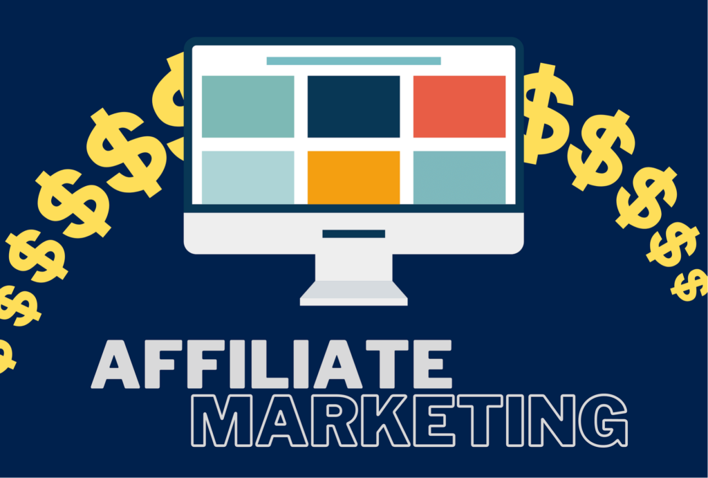 A dark blue background with dollar signs and a computer monitor with a blog post on screen and text that reads: Affiliate Marketing