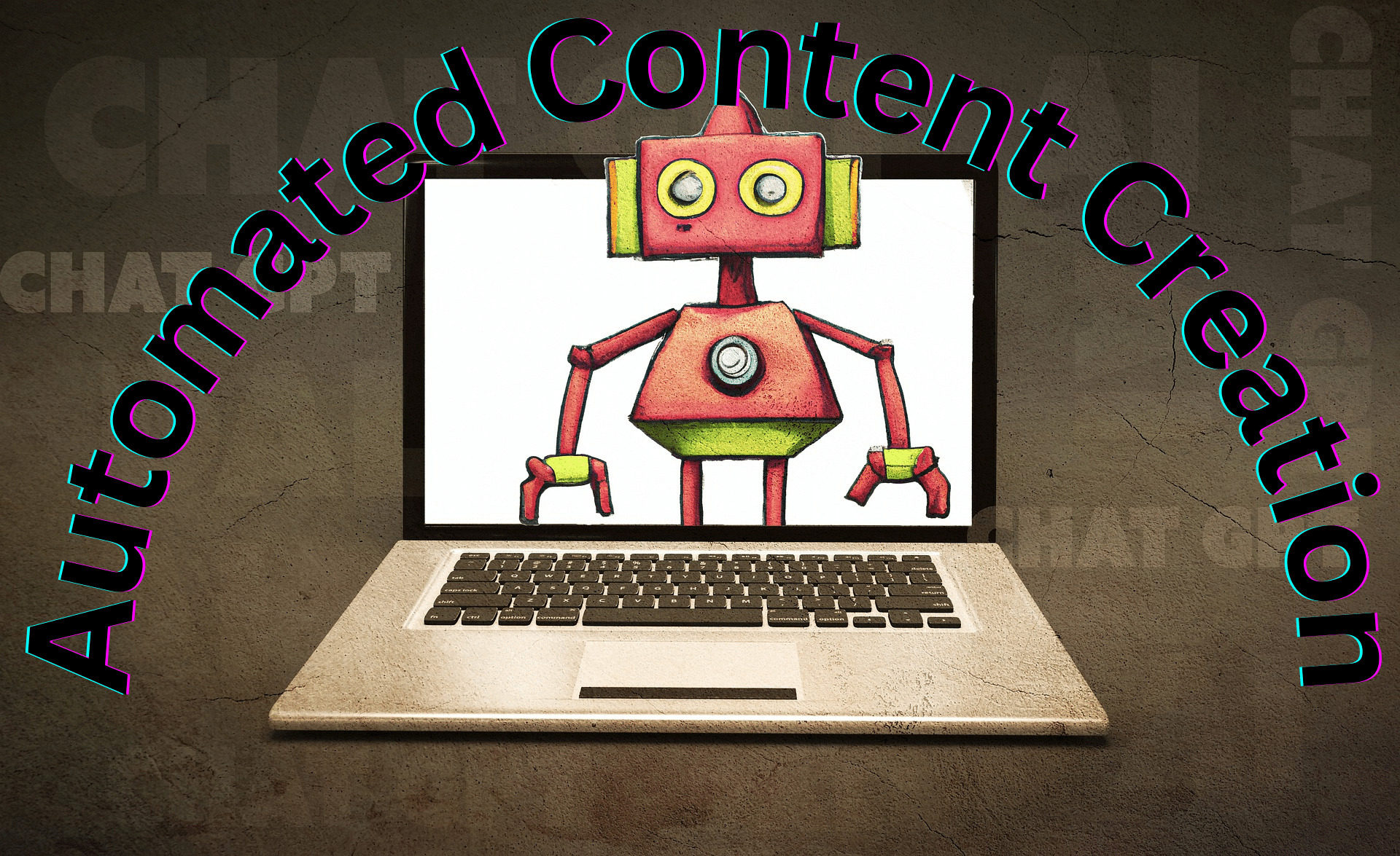Picture of a chatGPT robot coming out of a computer with text overlay that reads: Automated Content Creation