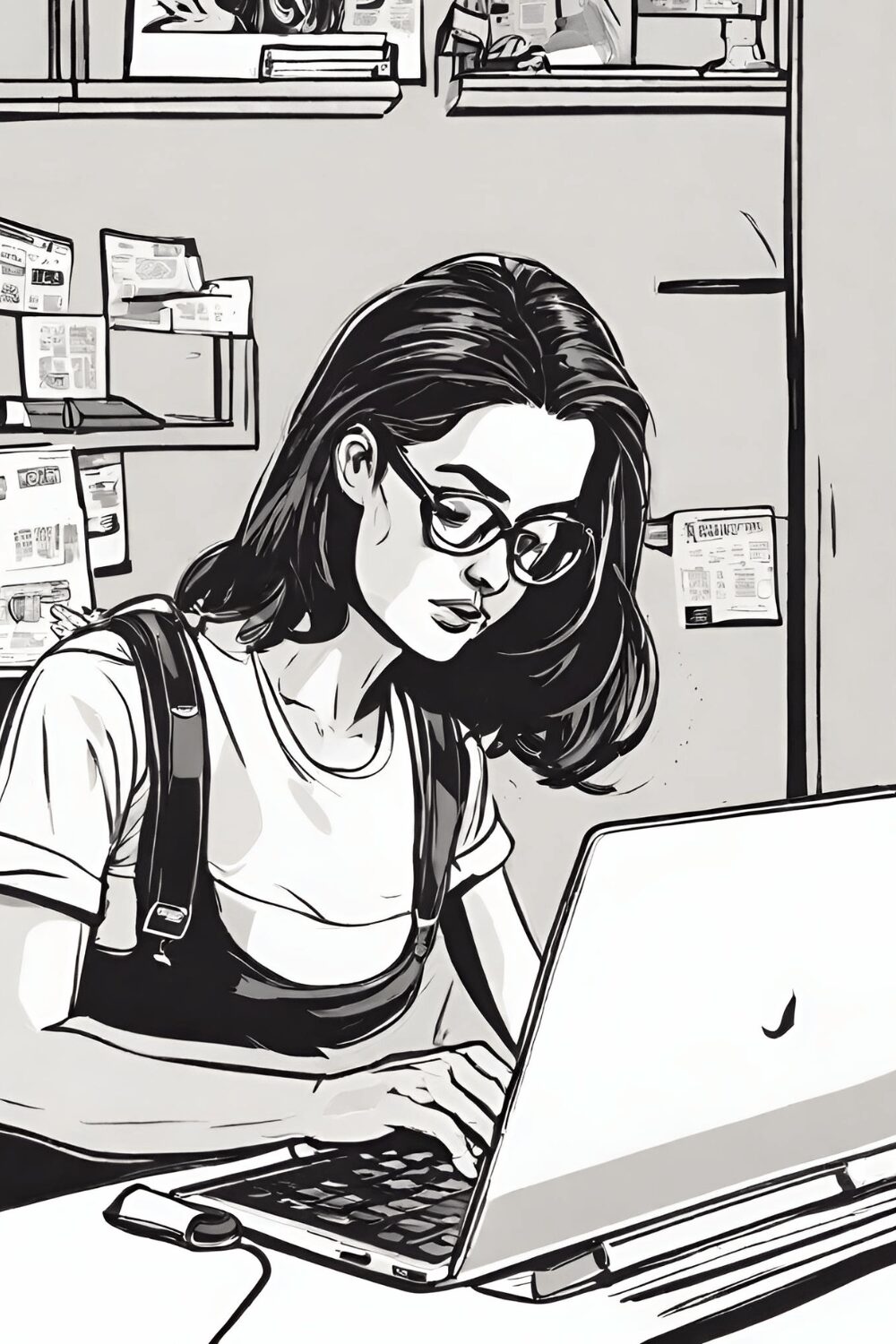 An illustration of a woman sitting at her desk blogging. This illustrated why blogging is so popular