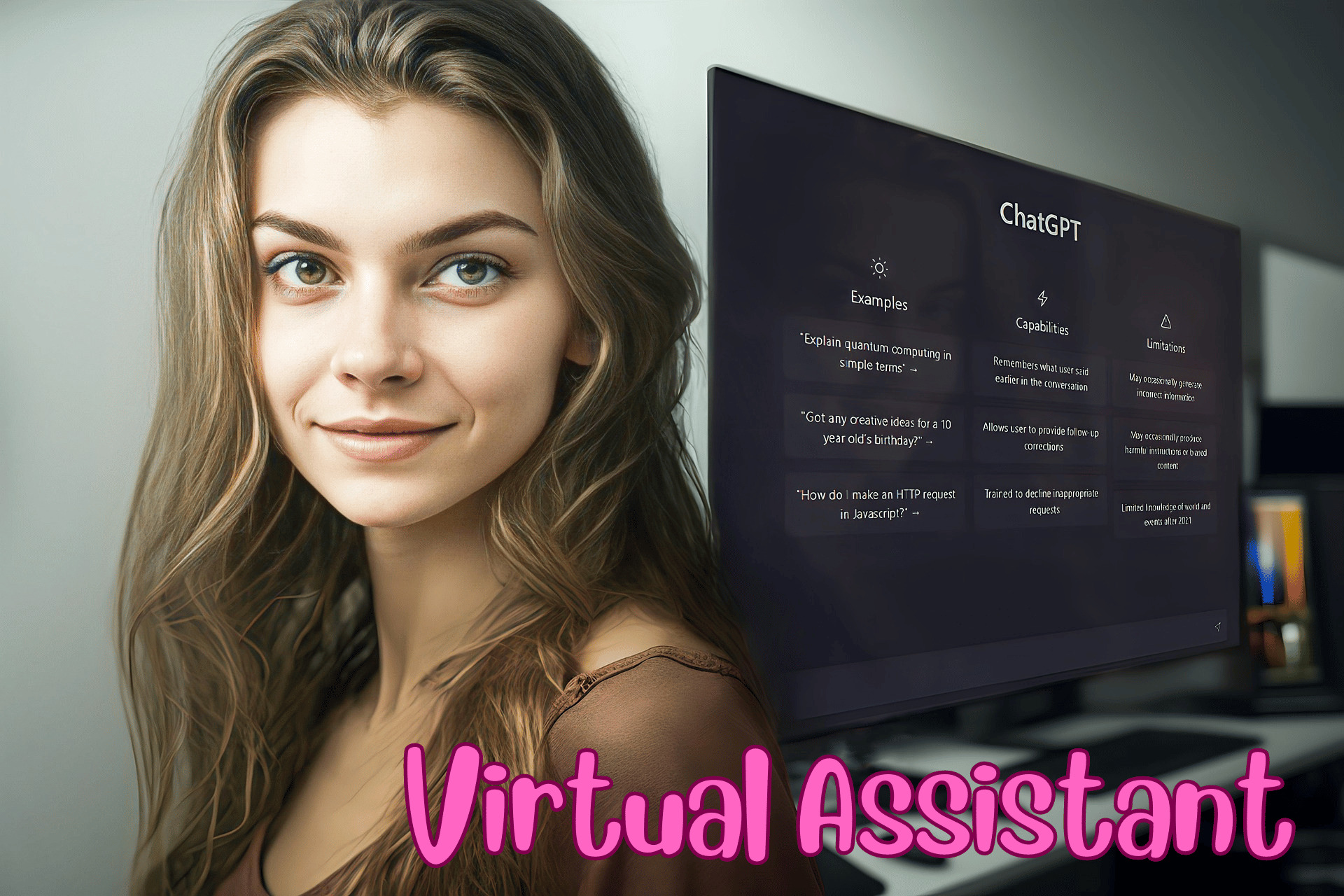 Picture of a virtual assistant using chatGPT to help her employer out with outsourcing content creation.
