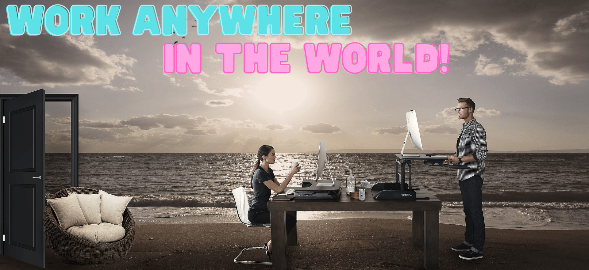 A couple working from the beach with all of their equipment and desk while relaxing with an adult beverage and earning passive income with the beginner blogging tips they learned over the past year. Text overlay reads: Work anywhere in the world!